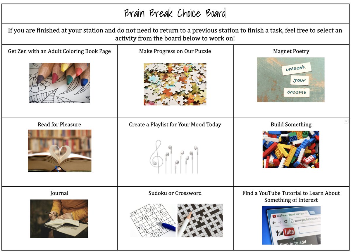 Worried about keeping your "fast finishers" or kids who pace more quickly through stations occupied without giving them busy work? I shared this brain break choice board today in a workshop. Feel free to copy, modify and use! 
docs.google.com/document/d/1wj…
#blendedlearning #edchat