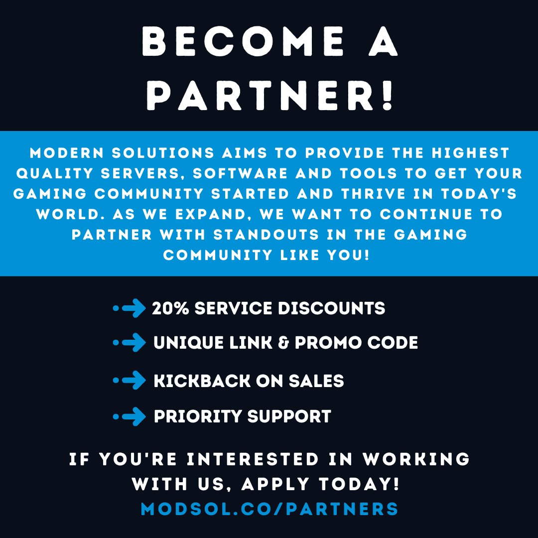 ModernSolutions's tweet image. We&apos;re looking for new partners! Whether you have a growing or established social presence, we want to work with you!

Apply today from modsol.co/partners