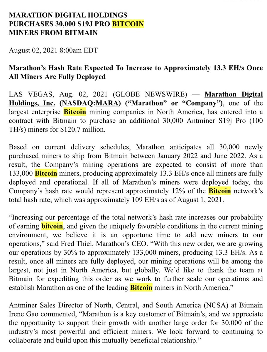 SecBitcoin's tweet photo. SEC filing: $MARA On Aug 2, 2021,  @MarathonPatent filed an 8-K to announce it has entered into a contract with @BitmainOfficial to purchase an additional 30,000 Antminer S19j Pro (100 TH/s) miners for $120.7 million. #bitcoin https://t.co/WiJElKr21e