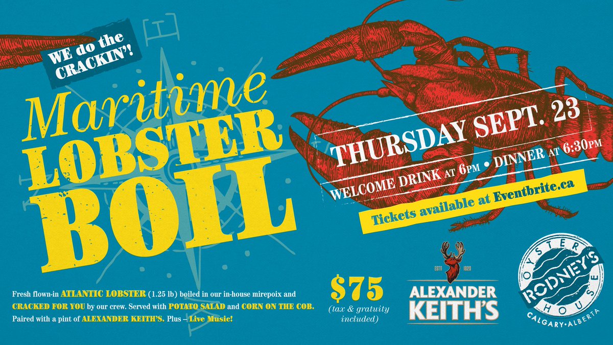 RodneysCalgary's tweet image. Annual Maritime Lobster Boil with Alexander Keith’s. Included: welcome pint of Keith’s, 1.25lb lobster from Misty Harbor NB, Delicious Sides, Chef's House-made Apple Pie, live music, new friends and messy hands!
Tickets sold here in groups of 2, 4 and 6:
bit.ly/lobsterboil2021