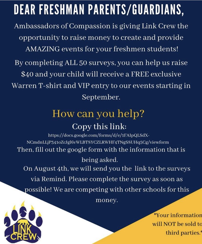 WarrenLinkCrew's tweet image. Link Crew needs your help! Please go over the flyer with your Parents/Guardians which has important information on how you can help Link Crew. Thank you &amp;amp; GO BEARS!!! 🐻💙💛  docs.google.com/forms/d/e/1FAI…