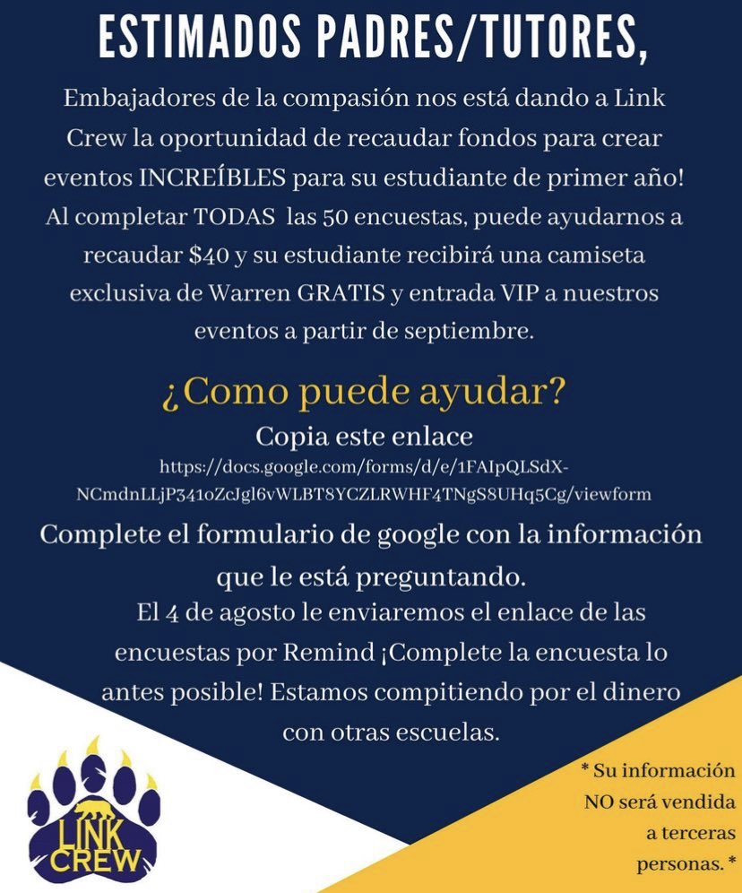 WarrenLinkCrew's tweet image. Link Crew needs your help! Please go over the flyer with your Parents/Guardians which has important information on how you can help Link Crew. Thank you &amp;amp; GO BEARS!!! 🐻💙💛  docs.google.com/forms/d/e/1FAI…