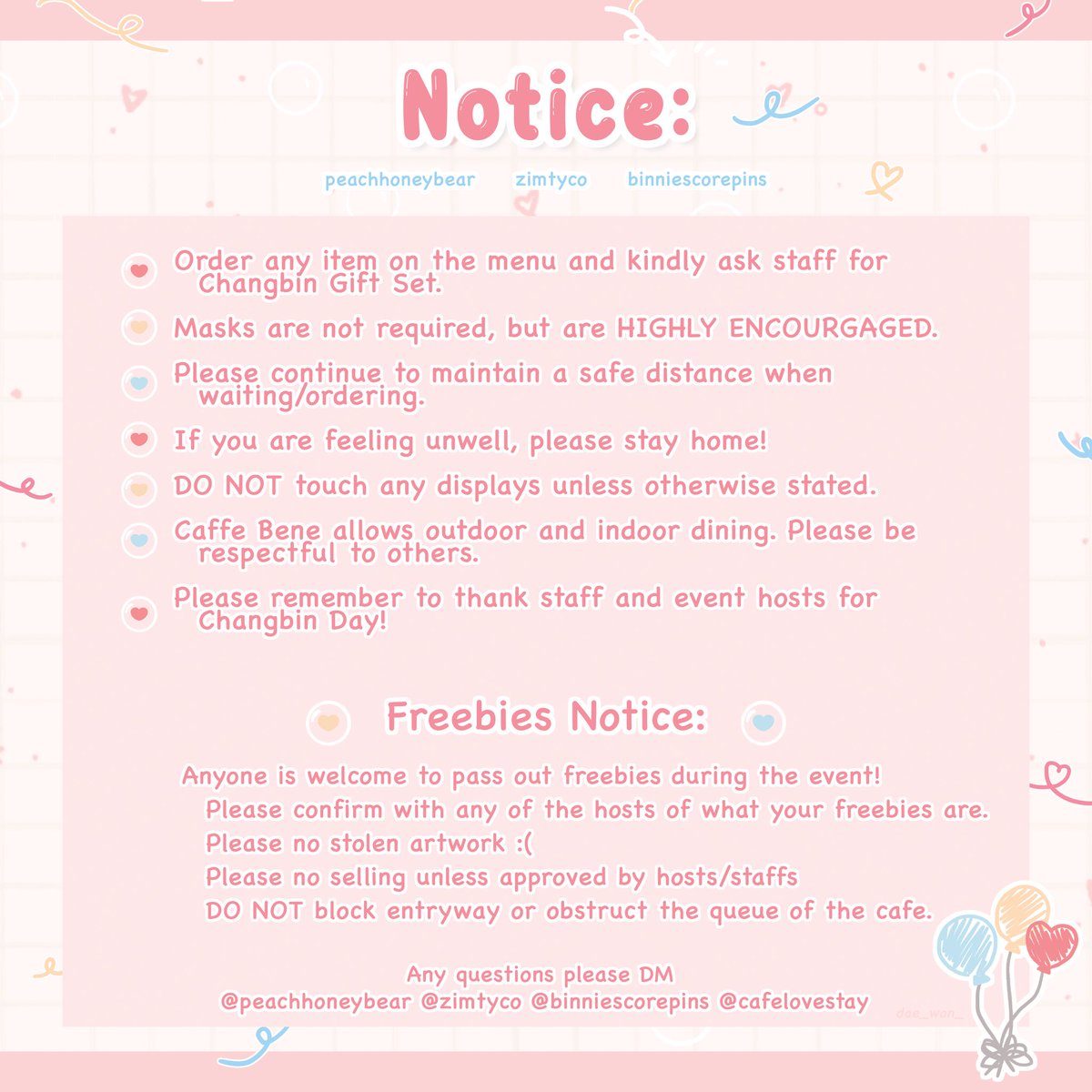 Cafe + Freebie Notice💓

Here are some guidelines for our event this weekend including etiquette and freebie notifications! We will also be giving away some albums (No PCs) provided by many lovely individuals!

See you there at #LoveyDoveyChangbin Day!🥰