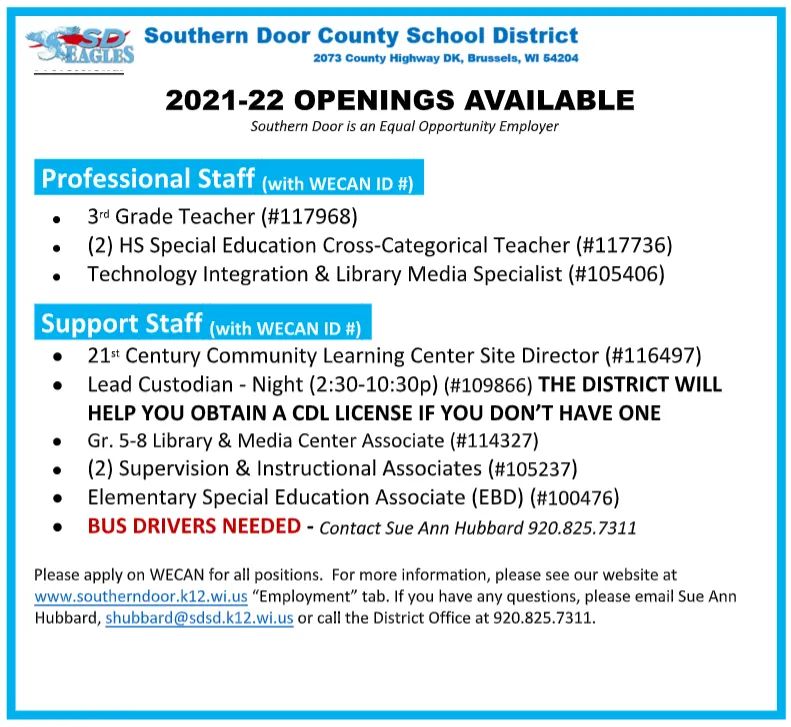 🔍👀Join our team!  🦅 #SDEagleStrong
Apply on WECAN:  wecan.education.wisc.edu