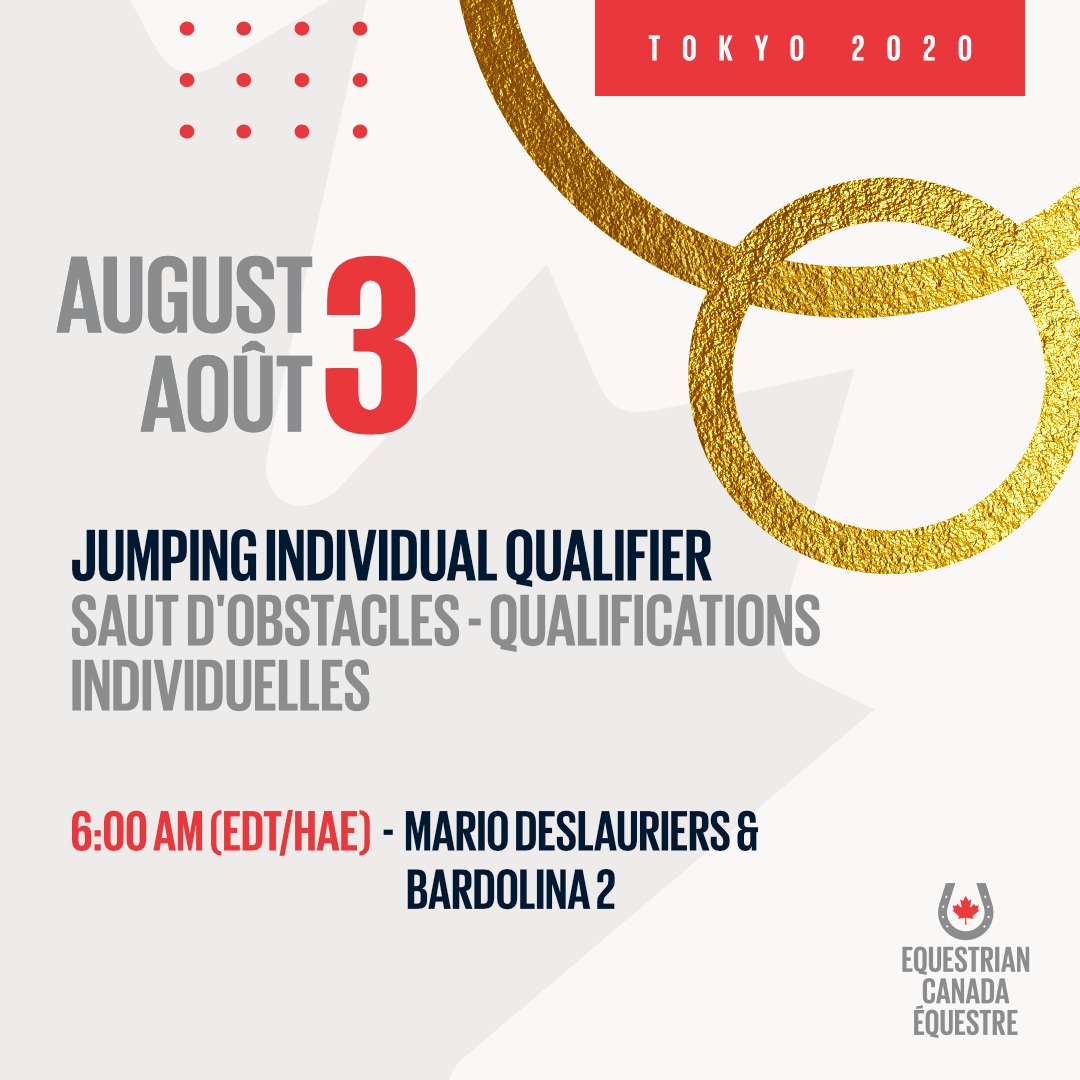 Equestrian_Can's tweet photo. Attention 🇨🇦!
Les qualifications individuelles de saut d'obstacles commencent demain à 6 h (HAE). Mario Deslauriers et Bardolina 2 seront le 26e couple à se lancer sur le parcours!
Visionnez l'épreuve sur CBC/Radio-Canada : https://t.co/qGDAPuIJQC
#ÉquipeCanada #DirectionTokyo https://t.co/XFo5qhOlvr