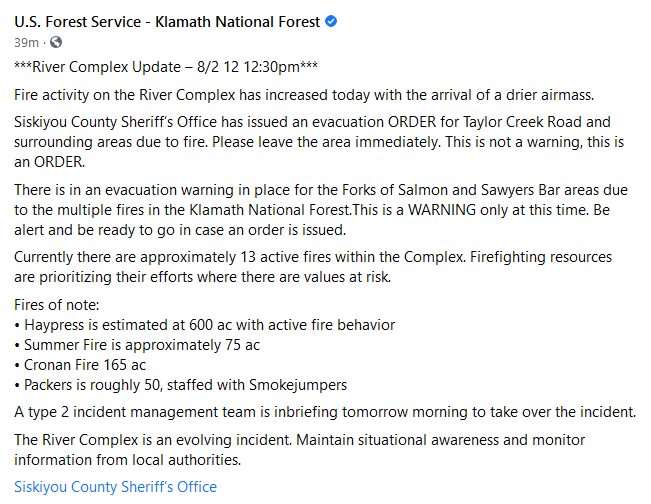 barkflight's tweet photo. #RiverComplex upates from @Klamath_NF
— #HaypressFire is 600 acres with active fire behavior
— #SummerFire is 75 acres
— #CronanFire is 165 acres
— #PackersFire is 50 acres
Stay aware and alert. https://t.co/KxLVPPcWGM