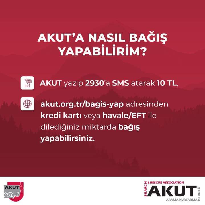 akut.org.tr resmi sitemizde yer alan hesap numaraları hariç hiçbir hesap numarası AKUT ile bağlantılı değildir. 

Derneğimize destek olmak isteyenlerin sitemizdeki numaralar hariç hiçbir hesaba bağış yapmamalarını rica ederiz.