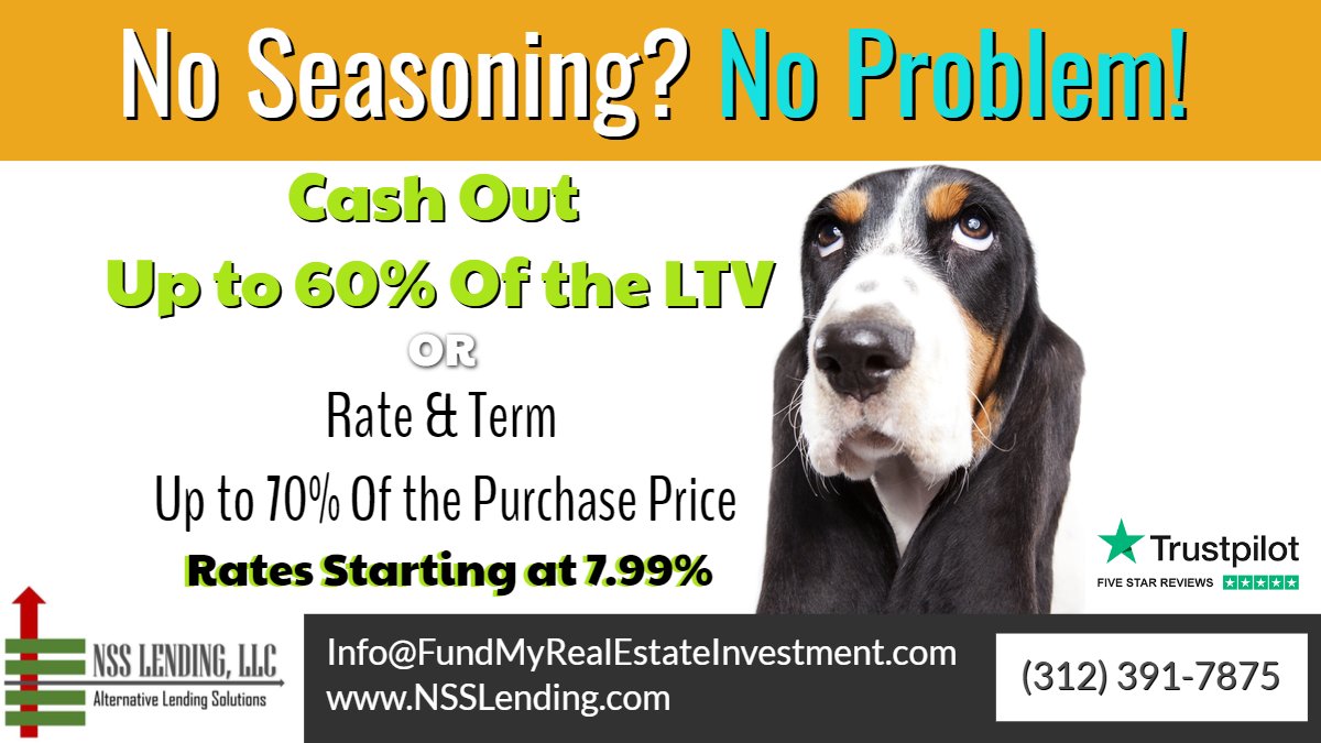 NSSLending's tweet image. No Seasoning? No Problem!
No Minimum Loan Size in Most States!
Check Us Out Trustpilot.com/Review/NSSLend…
Then Give Us a Call! (312) 371-7875