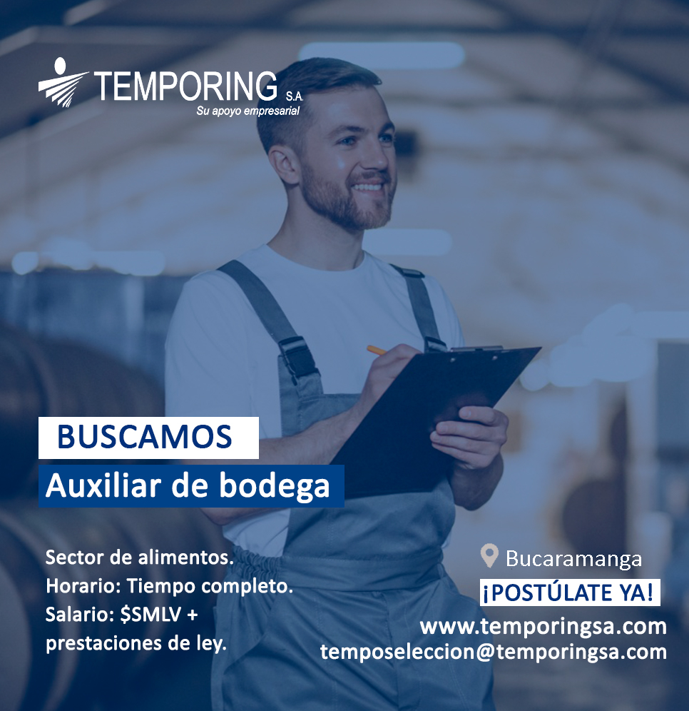 Con Temporing S.A. #TrabajoSiHay

Vacante: Auxiliar de #bodega 
📍#Bucaramanga

Envía tu hoja de vida a nuestro correo corporativo temposeleccion@temporingsa.com y no olvides registrarte en nuestro portal de #empleo temporingsa.com

<a href="/AlertasEmpleo/">Alertas de Empleo</a> @BucaramangaSder #lunes