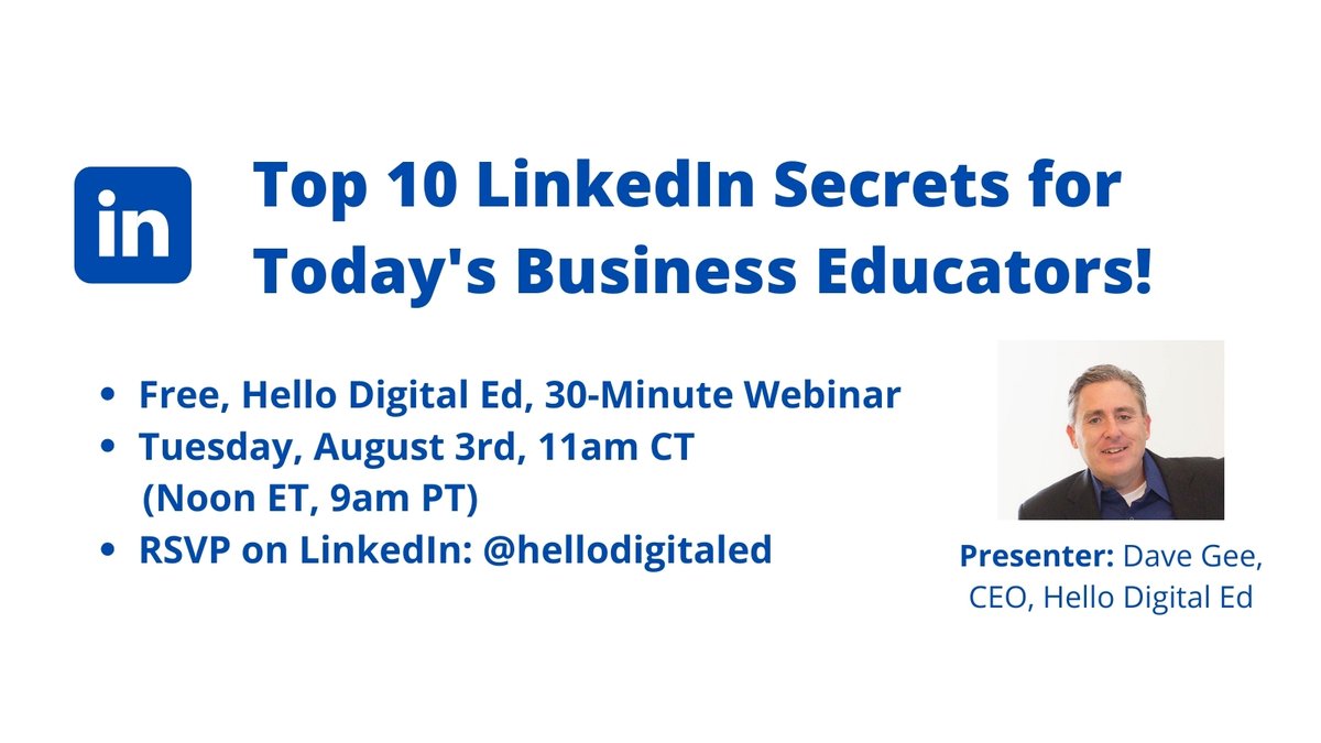 HelloDigitalEd's tweet image. Hello Digital Ed is hosting Top 10 LinkedIn Secrets for Today's Business Educators on Tuesday, August 3rd, 11am CT. Would you like to attend?
Join here: us02web.zoom.us/j/8850231506

#linkedin #educators #education #tips #webinar