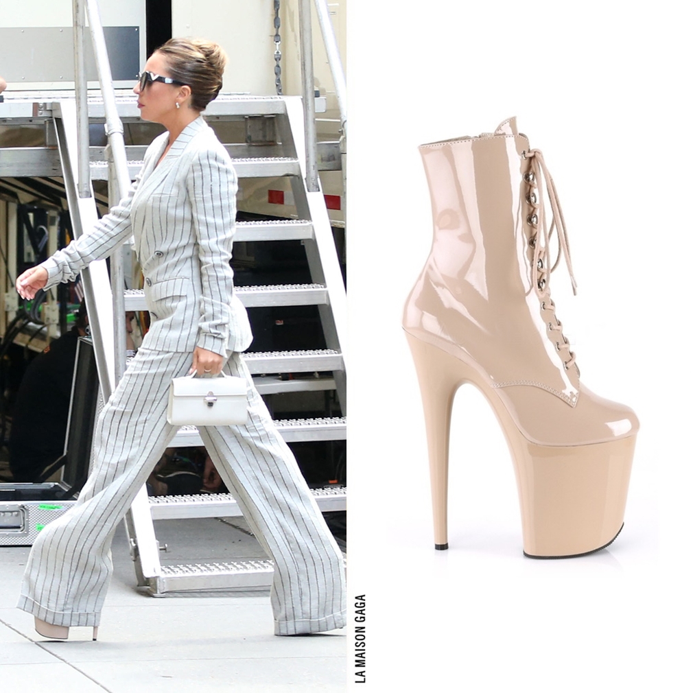 LaMaisonGaga_'s tweet photo. Gaga was seen at Radio City Music Hall in a vintage @JPGaultier striped suit with lucite buttons, @MaisonValentino "VLogo Signature" sunnies, #Savette "Symmetry Pochette" bag, @EdwardAvedis "Clara" ring and @Pleaser_Shoes "Xtreme-1020" boots! https://t.co/Czw2KGPpbv