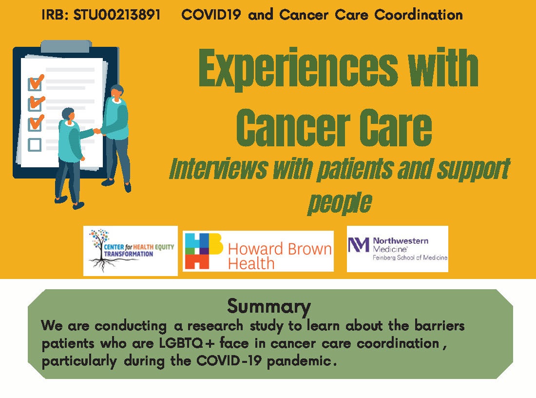 howardbrownhc's tweet photo. We are conducting a research study to learn about the barriers patients who are LGBTQ+ face in cancer care coordination, particularly during the COVID-19 pandemic

Learn more by contacting Elena Gonzalez Molina at sbrrecruitment@howardbrown.org or 872.269.3588
#PaidResearchStudy https://t.co/OZtGgXH951