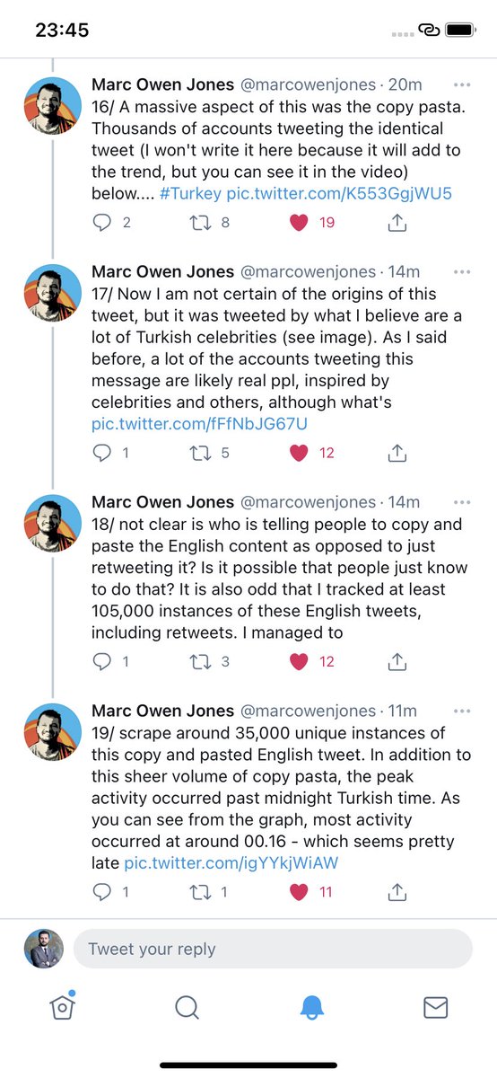 Marc Owen ilginç bir tespitte bulunuyor. Aralarında ünlülerin de bulunduğu kişiler 35.000 defa kopyala-yapıştır yaparak Help Turkey mesajını paylaşarak # görünürlüğünü arttırıyor.Normalde retweet yapılması gerekiyor.Peki bu kopyala yapıştır talimatını kim verdi? Savcılar göreve!