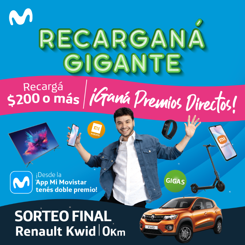 TigoUruguay_'s tweet photo. ¡VOLVIÓ RECARGANÁ A MOVISTAR! Hacé tu recarga de $200 o más y ganá premios increíbles.

Paquetes de Gigas • Celulares • TVs • Monopatines Eléctricos • Relojes • Parlantes • ¡Y mucho más! 🎁💥

Hacelo desde la App Mi Movistar ¡y ganá DOBLE PREMIO!