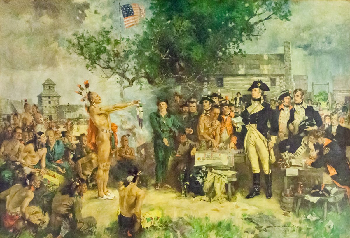 OhioStatehouse's tweet photo. Today in History-The Treaty of Greenville was signed Aug. 3, 1795 by “Mad” Anthony Wayne,  &amp; 12 Native American tribes. Miami Chief Little Turtle extends a wampum belt, saying, "I am the last to sign it, and I will be the last to break it." The painting is at the Ohio Statehouse. https://t.co/klBslAvoXd