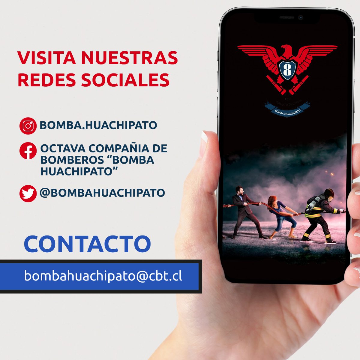 Recuerda seguirnos en nuestras Redes Sociales! Comparte esta información con tu familia y amigos para que seamos más en nuestra Comunidad! #bomberos #talcahuano #bombahuachipato #cbt #biobio