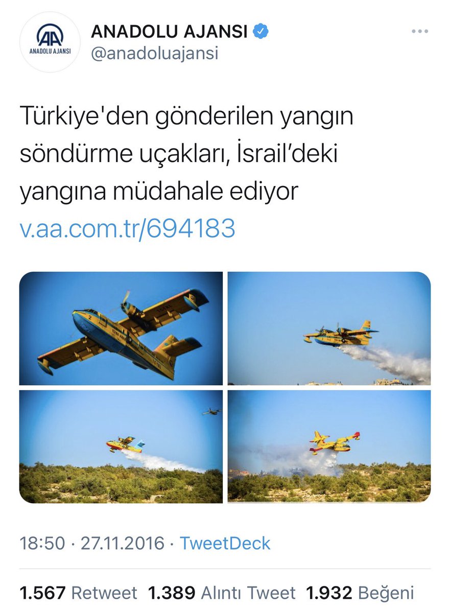Yıl 2016.. İsrail’deki yangına 2 uçak göndermişiz. Devletin ajansı yazmış.. Devletin Bakanı havasını atmış. Hani yoktu uçaklar!..
