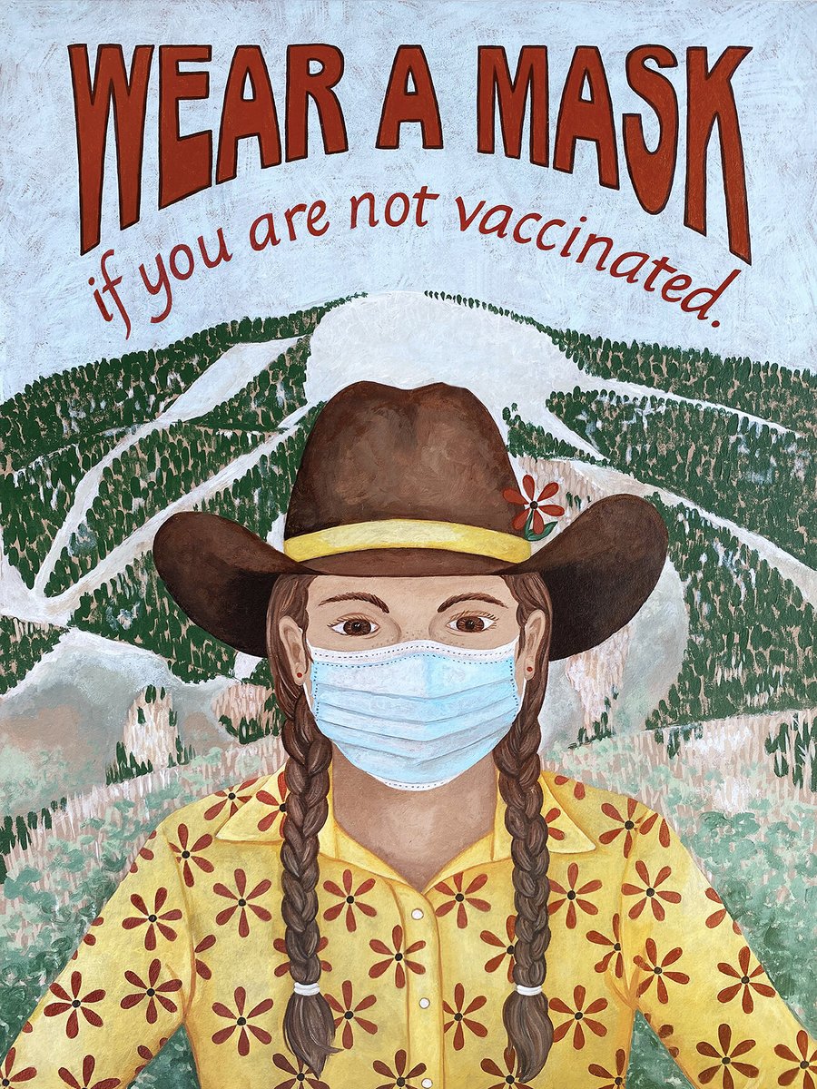 EDCPreparedness's tweet photo. Until more of us get our COVID-19 vaccinations, carry on with safe, simple, community-minded steps. Properly wear a mask in public places, physically distance, wash hands, &amp; stay home if sick. Get vaccinated. Learn more: https://t.co/TfAbwsLHCl Art: Routt Co. Colorado https://t.co/WdnAE4SkK9