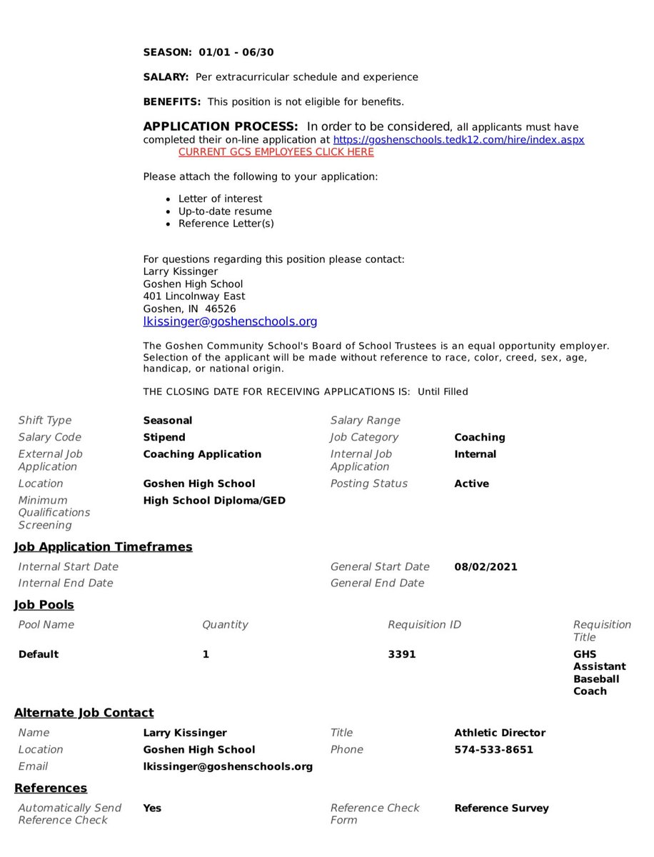 We’re looking for an assistant coach. If you or somebody you know is interested please visit goshenschools.tedk12.com/hire/index.aspx and fill out an application. Also, DM me or email lkissinger@goshenschools.org and/or jdubois@goshenschools.org. Thanks! Photos are of the posting.
