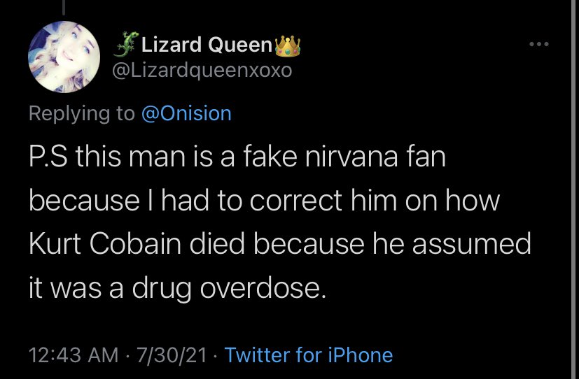 I fucking knew it.

Onision isn’t actually a real fan of Nirvana. He only “likes” them for cool boy points. Just like his other interests.