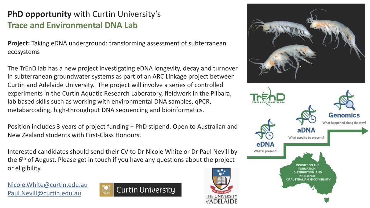 Two amazing #PhD positions currently available in the TrEnD lab at @CurtinUni, starting next year. See flyers for more details. #eDNA