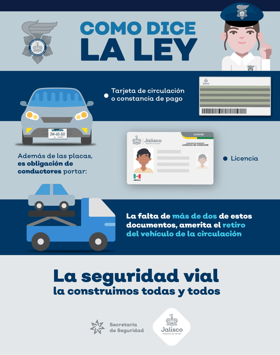 JaliscoVial's tweet photo. La Ley establece que tu vehículo puede ser retiro si incumples las siguientes medidas, sé un conductor responsable y porta todos tus documentos en regla. https://t.co/MEG8MU4Nsn