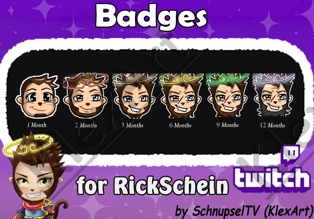 Die Sub-Badges für RickSchein sind fertig! Schaut doch mal vorbei, er ist gerade live :) twitch.tv/rickschein

Meine Homepage ist nun online! klexart.de
#twitch #art  #design #creative #emotedesign #comissionart #twitchemotes  #wukong  #twitchaffiliate  #badges