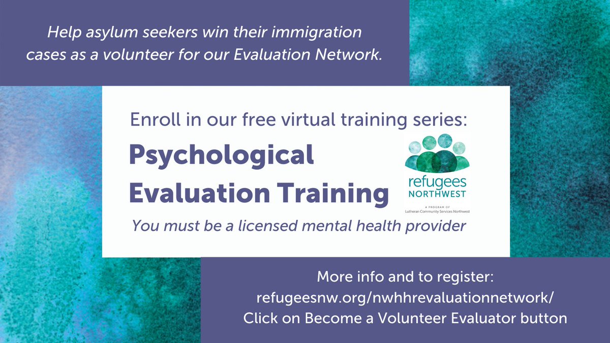 We're offering a special training for licensed #mentalhealth providers that can lead to a unique #volunteer opportunity!  refugeesnw.org/nwhhrevaluatio…
#MakeADifference #Seattle #HealthJusticeHope