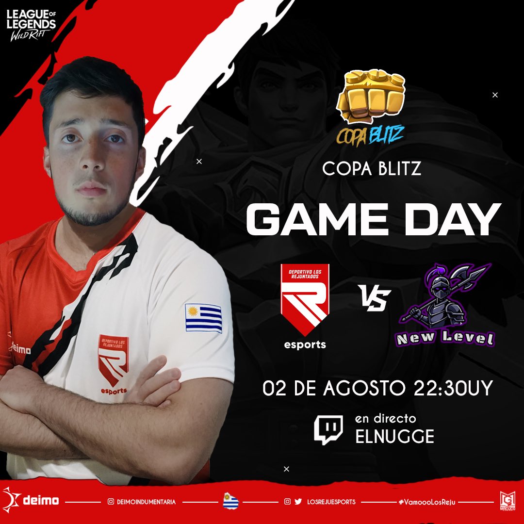 #WildRift • GAMEDAY 

Hoy volvemos a jugar por copa, con el objetivo claro de llegar hasta el último partido.

🗓 Lunes 02/08
🏆 #COPABLITZ  
🆚 #NewLevel 
⏰ 22:30🇺🇾
🎙 <a href="/ElNugge/">Maximiliano Bordón</a> 
🖥 twitch.tv/elnugge

#VamoooLosReju
