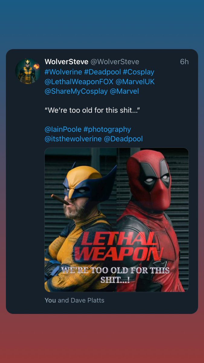WolverSteve's tweet photo. @VancityReynolds So here’s one from me and some fool in red 

#LethalWeapon #Wolverine #Deadpool #Cosplay #TeamUp? 

Just a fleeting thought for #Deadpool3… https://t.co/CJrxlhlXNM