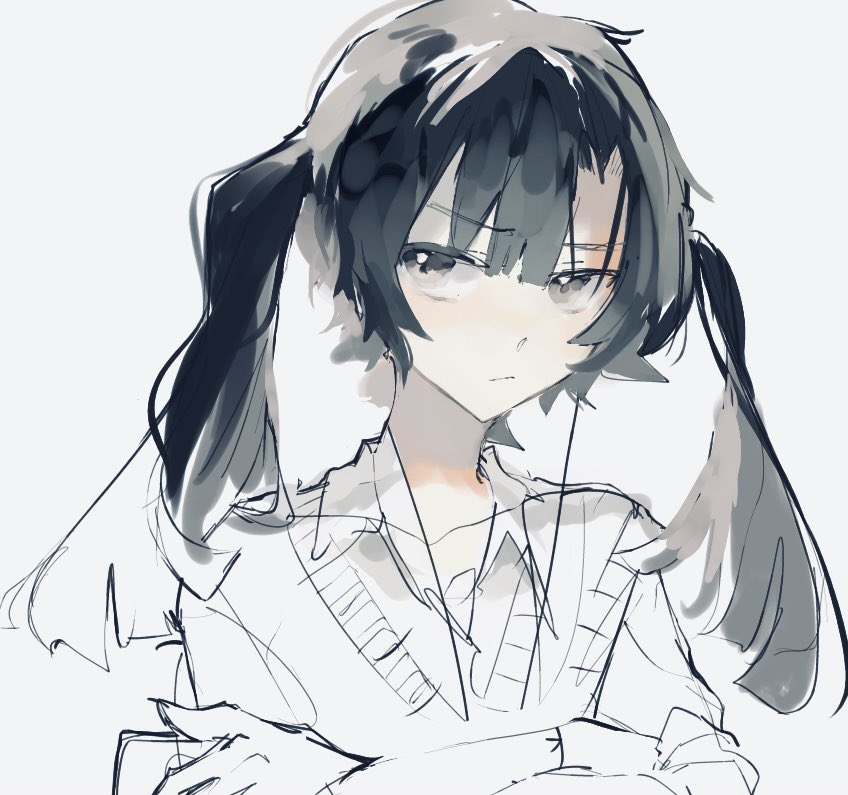 solo twintails 1girl sketch crossed arms black hair white background  illustration images