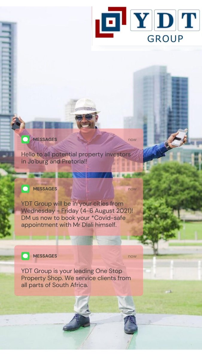 ydtGroupOnline's tweet photo. Hello #Joburg &amp; #Pretoria
DM us now for ur appointment with Mr @YabelaDlali

We’re on a countrywide voyage to service all the clients we have in various parts of #southafrica

#ydtgroup #homeloan #buyproperty #propertymanagement #realestateagent #creditrepair #onestoppropertyshop https://t.co/LnqgdHM6vZ