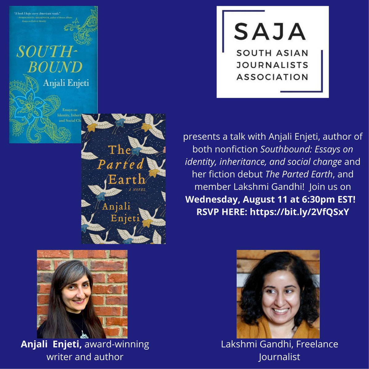 We have another exciting book talk next week! @AnjaliEnjeti will chat with @LakshmiGandhi about Anjali's *two* books out this year: her fiction debut The Parted Earth and collection of essays, Southbound. Please join us on Weds, August 11 at 6:30pm EST! bit.ly/2VfQSxY