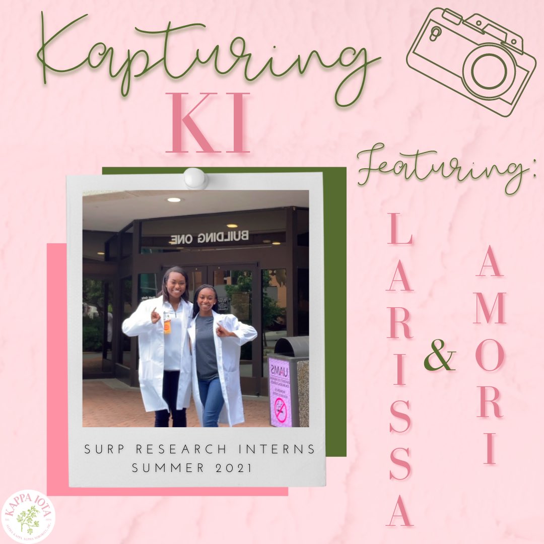 Kappa Iota’s Public Relations Chairman, Larissa Whale, and Corresponding Secretary, Amori Anthony, are Summer Undergraduate Research Program (SURP) Interns at the University of Arkansas for Medical Sciences (UAMS) in Little Rock, AR. 

#KapturingKI 💕💚