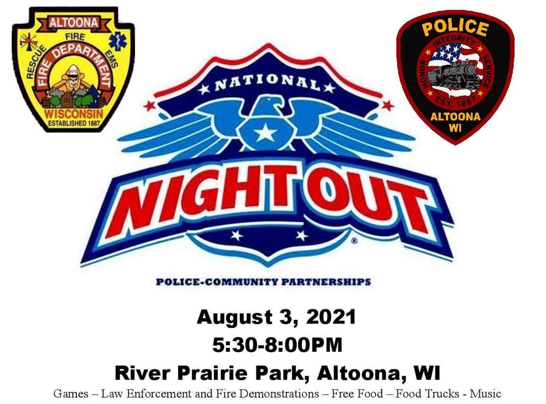 AltoonaFire's tweet photo. 🤩🤹🌭TOMORROW!!!🚔🚒🚑
Stop by National Night Out tomorrow (August 3rd) from 5:30-8:00PM at River Prairie Park! Lots of fun games and prizes! We have some youth bikes to give away as well and several other prizes!! See you there!

#AltoonaWI https://t.co/TiX5fF0Hmz