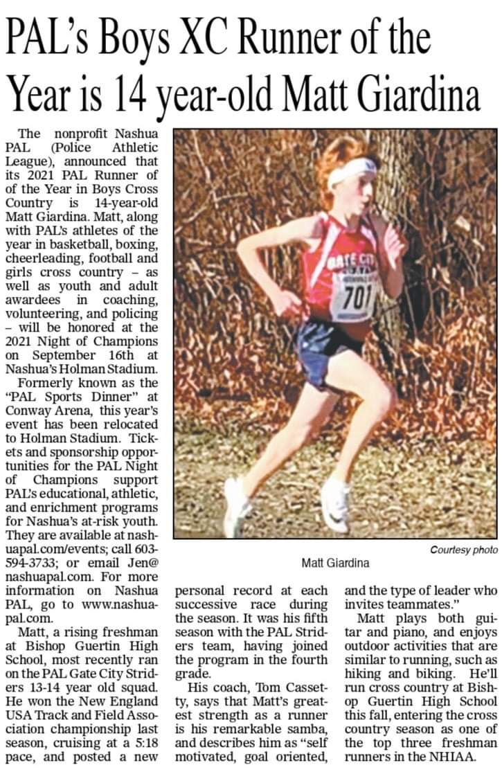 Exciting announcement! Our 2021 Boy #CrossCountry Runner of the Year - Matt Giardina!! 🎉🎉
Matt, a rising <a href="/BishopGuertin/">Bishop Guertin HS</a> Freshman, has been a runner with the PAL &amp; <a href="/GateCityStrider/">Gate City Striders</a> since 4th grade. He won the <a href="/usatf/">USATF</a> championship last season &amp; set his new personal best record
1/2