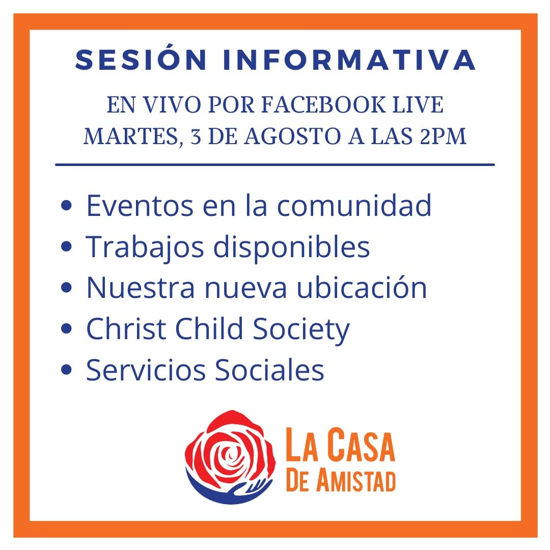 LaCasaDeAmistad's tweet photo. Acompañenos mañana (martes 3 de agosto) a las 2 p.m. para una sesión informativa a través de Facebook en vivo. Favor de compartir con su familia y amigos. ¡Gracias! #LaCasaEsTuCasa #BestWednesdayEver #WestSideSB #MySouthBend #BestWeekEver https://t.co/VMpfT3V50j