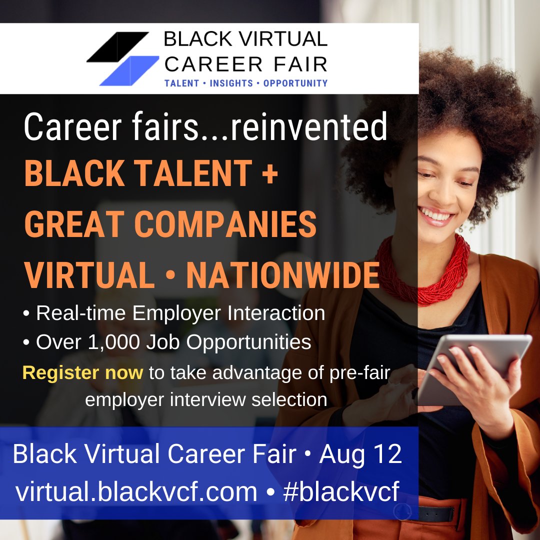 blkintechnology's tweet photo. Hey BIT Fam! Black Virtual #Career #Fair (BVCF) connects talented Black #professionals to progressive companies building a #diverse and #inclusive #workforce. Share this with someone you know! Register here at https://t.co/9oIrgZzK4o #BlackTechTwitter #BlacksInTech #Blackvcf https://t.co/xWmgkHblsk