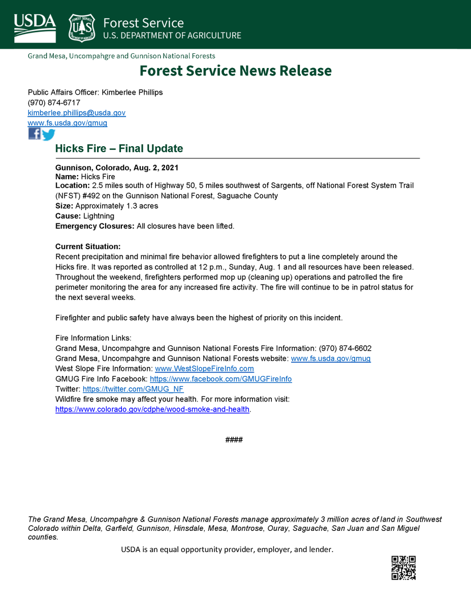 GMUG_NF's tweet photo. #BreakingNews - #HicksFire reported as controlled. All closures have been lifted. The fire will continue to be in patrol status for the next several weeks.
👓 more here: https://t.co/fY81UbhDBW #GMUGFireInfo #FireYear2021 https://t.co/Z4l0KYq4IM
