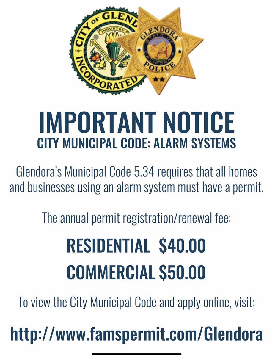 New alarm permit monitoring system in effect as of 8/1/21.  cityofglendora.org/alarmpermits for more info