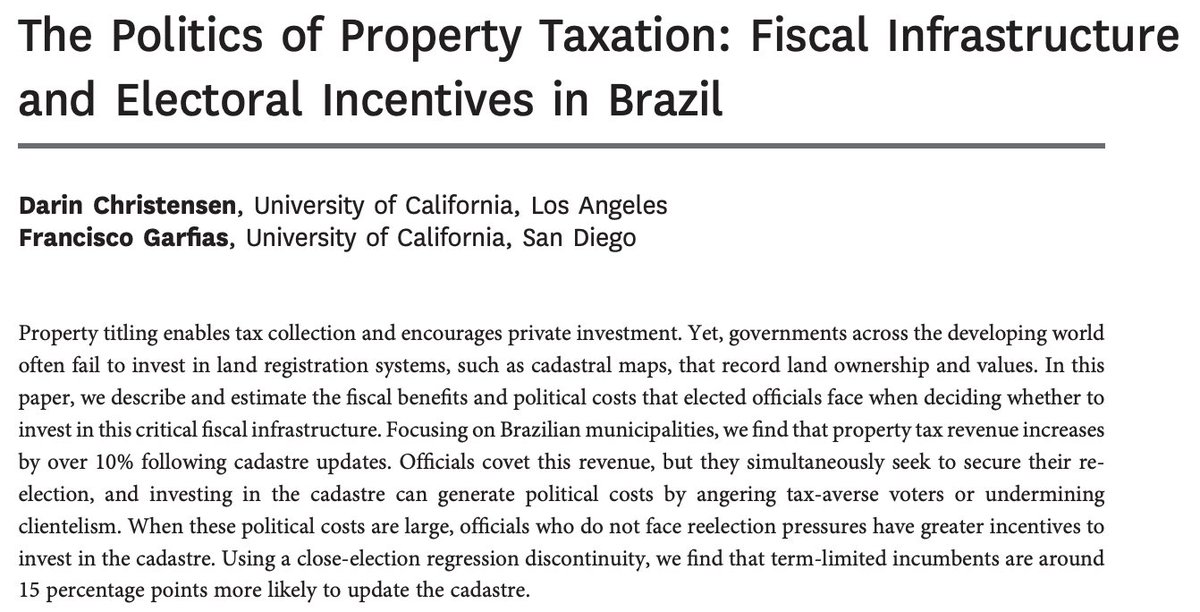 fgarfiasr's tweet photo. Property titling is thought to ⬆️ investment &amp; tax revenue.

So why aren't govts investing more in infrastructure that enables titling &amp; taxation?

@darinchr &amp; I explore this question in a new article in @The_JOP.
Paper https://t.co/1IHyST7tAN
Ungated https://t.co/oHOyjtVXh5

1/n https://t.co/rXQfxECZnd