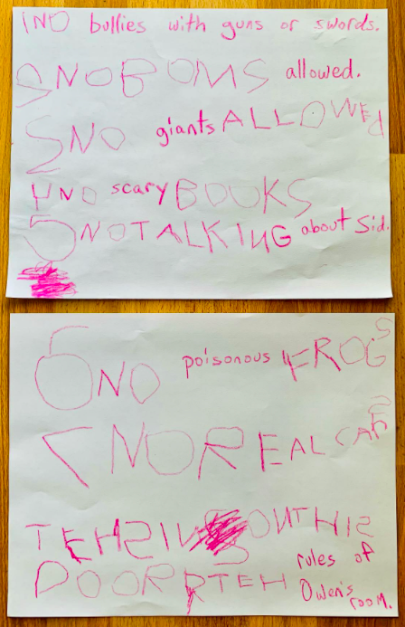 vrkimmel's tweet photo. Five-year-old grandson rules for his room:
1. No bullies with guns or swords.
2. No bombs allowed.
3. No giants allowed.
4. No scary books.
5. No talking about Sid.
6. No poisonous frogs.
7. No real cars.
#realworldwriting #kinderwriting https://t.co/U7LIp2Cjam