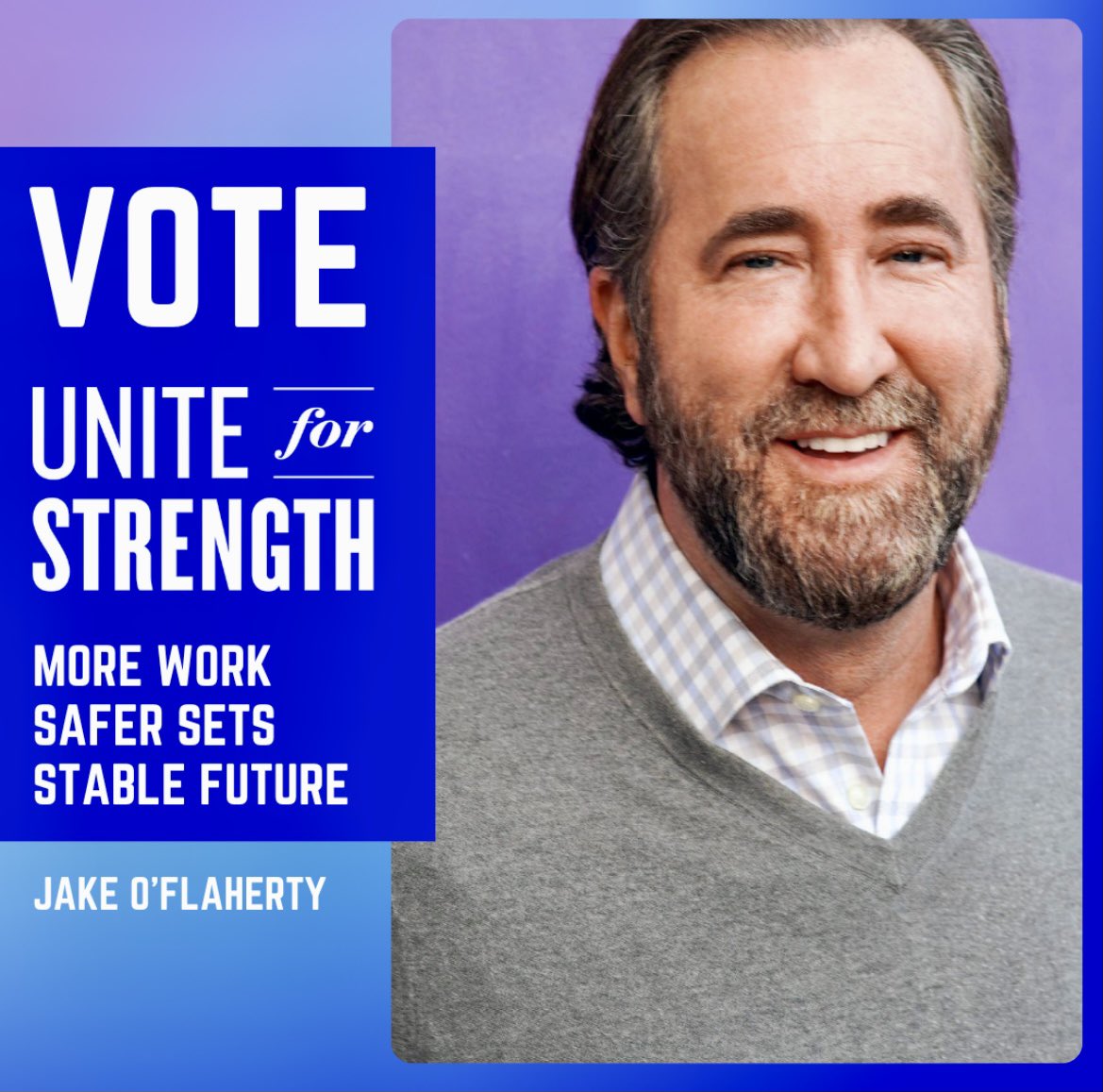 Vote for me, Jake O’Flaherty, #258 Convention Delegate/LA Local Board Member,Yvette Nicole Brown for LA President, & the entire @unite4strength Team! More work. Safer sets. Stable future. #unionstrong #SAGAFTRA #SAGAFTRAelection #uniteforstrength