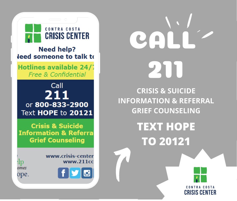 CCCrisisCenter's tweet image. If you are in crisis or concerned about someone having a mental health crisis, you can call 211 (or 1-800-833-2900) or text HOPE to 20121 to be connected to crisis counselors and local resources 24 hours a day. #MentalHealthMatters Contra Costa Crisis Center #withhelpcomeshope