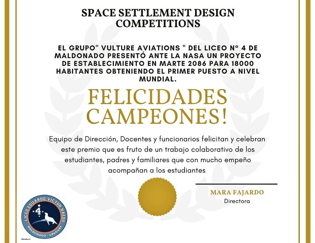 ladocarmo's tweet photo. Felicitaciones #Campeones !!!
El equipo Vulture Aviations del Liceo 4 de #Maldonado ganó hoy el Primer Puesto en la Competencia Mundial de la @NASA con su proyecto de establecimiento en Marte 2086.
A celebrar !!!
@fmgenteradio @alexiscadimar @canal2sancarlos @CorreodePunta https://t.co/tzing0x1Cd