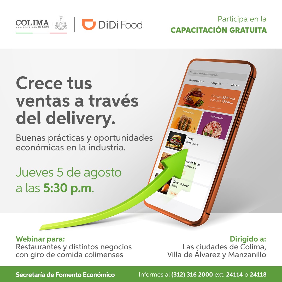 SefomeColima's tweet photo. 📣¿Tienes una empresa del sector alimentos en la ciudades de Colima, Villa de Álvarez y/o Manzanillo? 🍕🌮🥗🍦🍰🍩

¡Esta capacitación te puede interesar! 🤓

📈Crece tus ventas a través del delivery (Didi Food) 💡
📅 5 de agosto de 2021
⏰ 5:30 PM
📌 Plataforma: Webex https://t.co/ODvSyF8wZJ