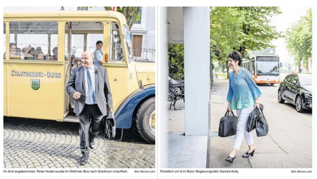 #Solothurn, #Regierung: während sich CVP Regierungsrätin Sandra Kolly allein mit drei Mappen schwer beladen ins Büro kämpft, schreitet FDP Mann Peter Hodel frohgemut aus dem Oltner Berna 🚌, mit der freisinnigen Basis im Rücken😇 so geht Frei- und Frohsinn 💙