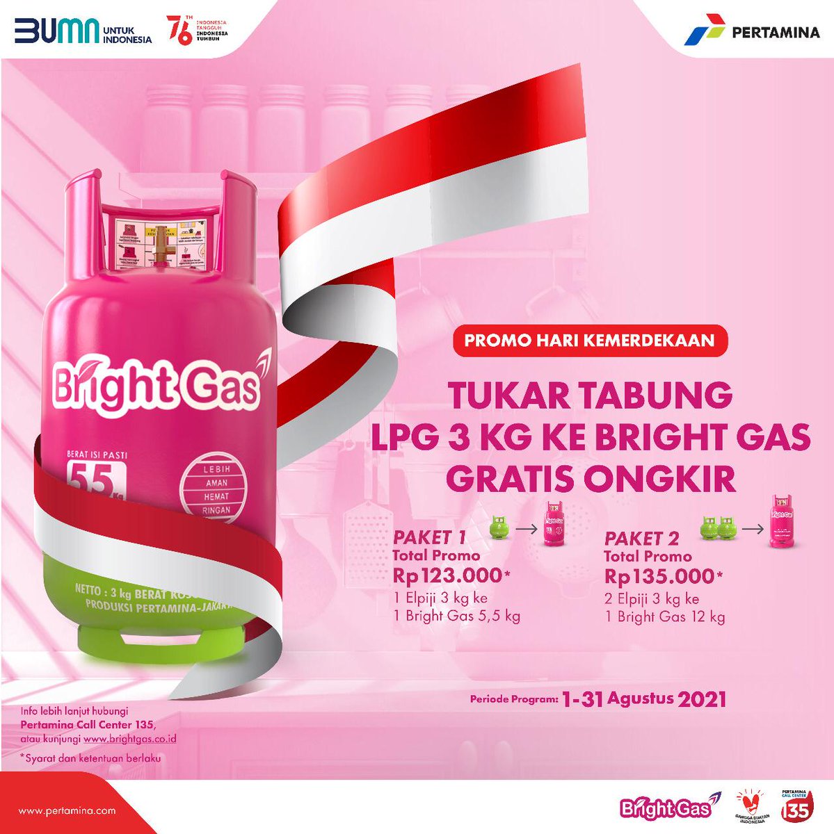 Tukar tabung LPG 3 kg ke Bright Gas GRATIS ongkir, melalui pemesanan di Pertamina Call Center 135, kamu akan mendapatkan total promo mulai dari  Rp 123.000- Rp 135.000. Menarik banget kan? 
#KelihatanCerdasnya 
#BerbagiBerkahMyPertamina 
#MyPertamina
#Call135