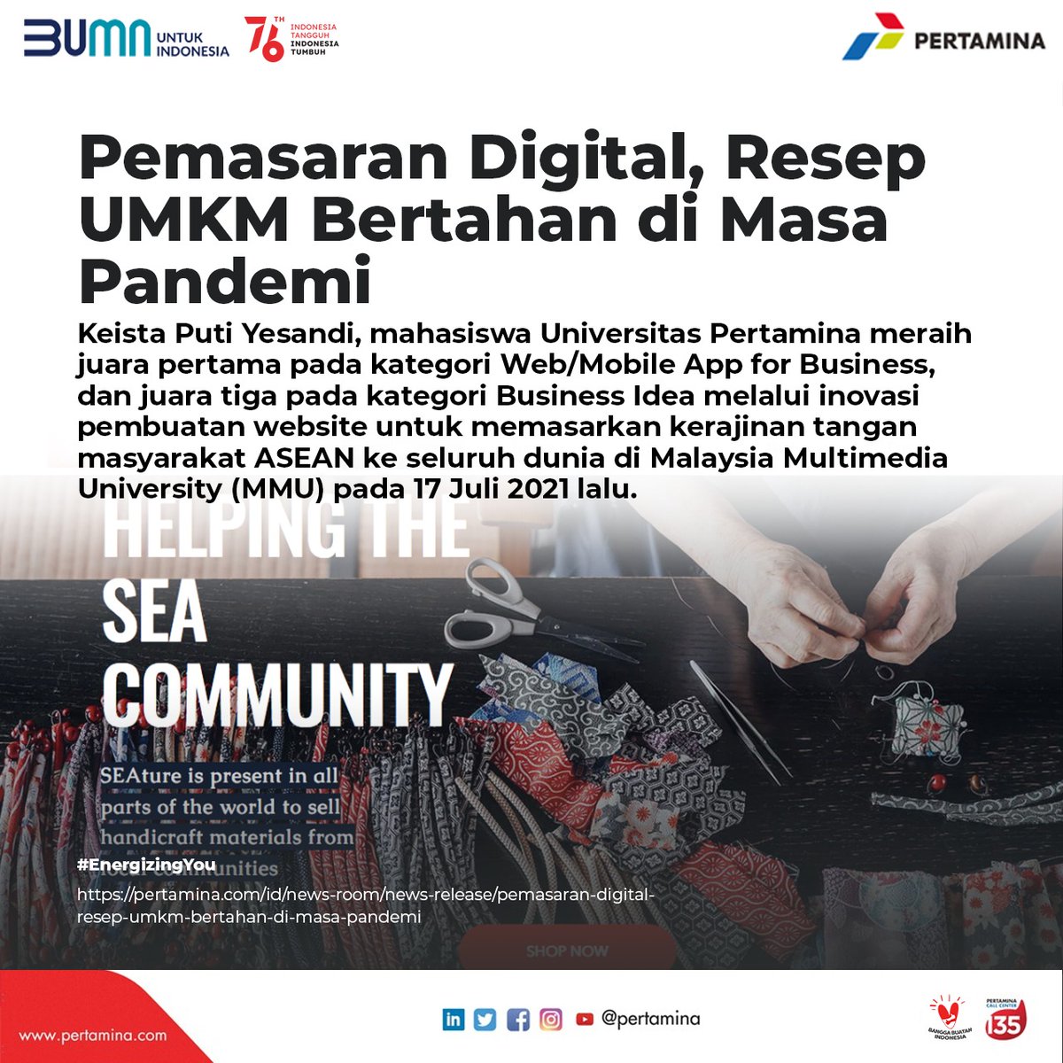 pertamina's tweet photo. Salah satu mahasiswa Universitas Pertamina berhasil menjadi jawara di Malaysia berkat ide website miliknya yang didedikasikan untuk membantu pemasaran digital UMKM di wilayah ASEAN.
Membanggakan!
Cek selengkapnya: https://t.co/JkXO6wgQjJ
#PertaminaForNextGen
#EnergizingYou https://t.co/f8rjgCSxYF