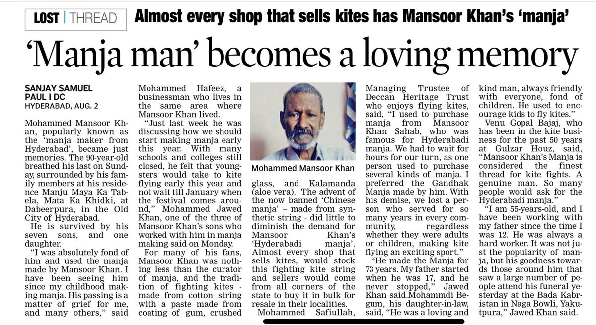 oratorgreat's tweet photo. Only @DeccanChronicle will have a story like this - #obituary of #ManjaMan #kitemaker #Hyderabad Mohd Mansoor Khan, beloved chicha who made #sharpthread #manja for decades is no more. https://t.co/jiN3Nn5tMr https://t.co/MhKoCdzFUZ